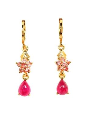 Genuine Pink Tourmaline teardrop and round cut Dangle Earrings 14K yellow Gold